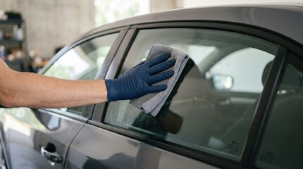 Fototapeta premium Professional Car Detailing Service Cleaning Vehicle Window with Microfiber Cloth and Protective Gloves