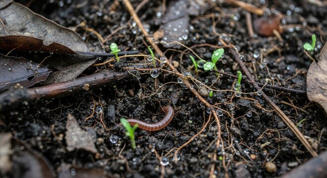 Worm in soil with green sprouts growing.