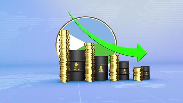 Djibouti Oil Prices Decline with Oil Barrels, Gold Coins and Downward Green Arrow, 3D Economic and Financial Market Concept