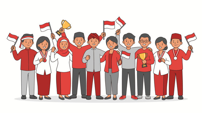 Indonesian group celebrating national victory with flags and trophies, flat vector illustration.