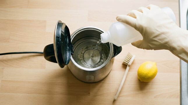 Person Descaling Electric Kettle with Vinegar and Lemon for Natural Kitchen Appliance Maintenance and Cleaning