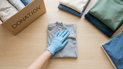 Volunteer Sorting Used Clothes for Donation in Protective Gloves for Charity and Humanitarian Aid Organization