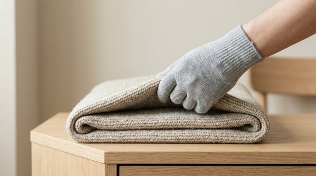 Person wearing grey glove folding beige knitted blanket on wooden table for textile quality control and home organization