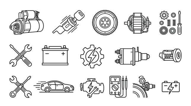 Minimalist vector automotive icons set featuring car key, starter motor, alternator, spark plug, wheel, battery, turbocharger, wrenches, mechanics, repair, engineering, electrical, vehicle system 