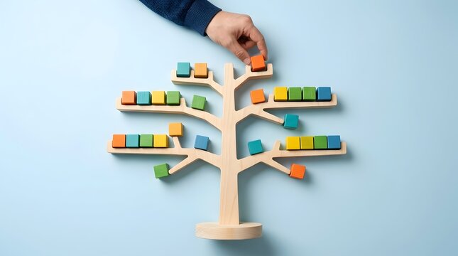 Hand placing a final block onto a wooden tree structure representing organizational growth and the taxonomy of business development