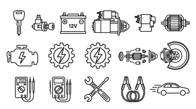 Minimalist vector automotive icons set featuring car key, starter motor, alternator, spark plug, wheel, battery, turbocharger, wrenches, mechanics, repair, engineering, electrical, vehicle system 