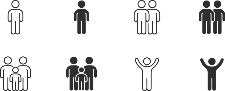 Collection of human figure featuring single person, group of two people, family with child, and happy person with arms raised in black