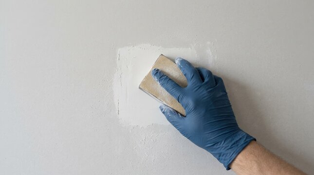 Hand in blue glove sanding drywall patch on white wall for home renovation and interior repair project