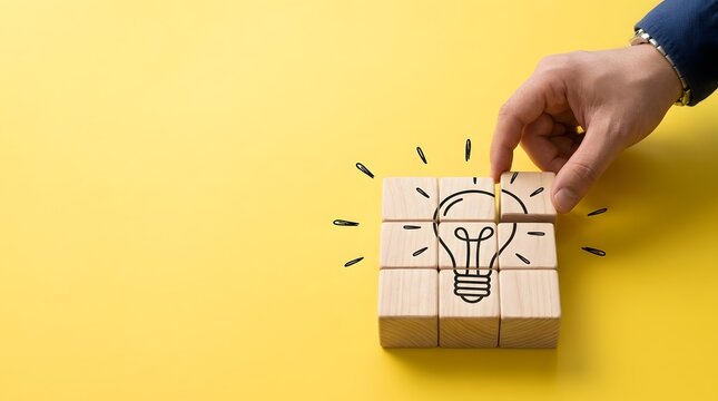 Strategic problem solving concept featuring a hand placing the final wooden block to complete a creative lightbulb idea