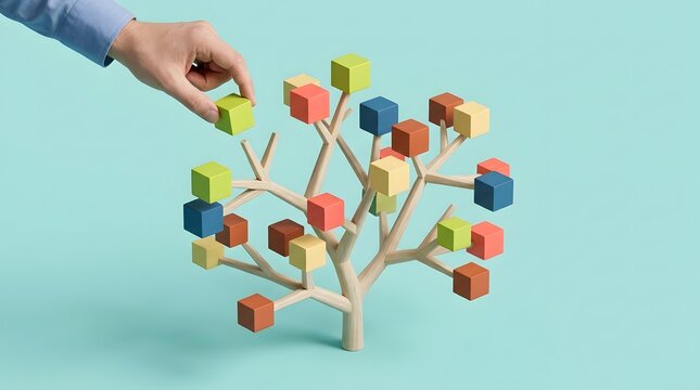 Sustainable Business Growth Concept with Hand Placing Cube on Wooden Tree Structure Representing Development