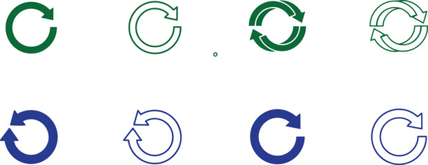 Fototapeta premium Eight circular refresh and reload arrow in green and blue colors with solid and outline styles isolated on a white background, for web