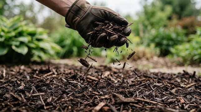 Gardener Spreading Organic Wood Mulch in Garden Bed for Soil Moisture Retention and Weed Control
