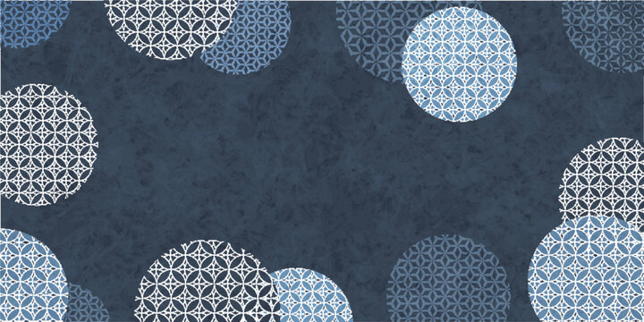 Elegant Japanese traditional circle patterns on dark blue textured background