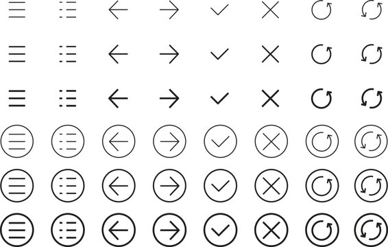User Interface Line Icons and Circular Buttons Set &ndash; Editable Stroke Menu, List, Arrow, Check, Close, Refresh UI Navigation Vector Collection