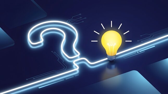 Problem solving methodology conceptualized by a glowing question mark transforming into an illuminated lightbulb via a digital pathway