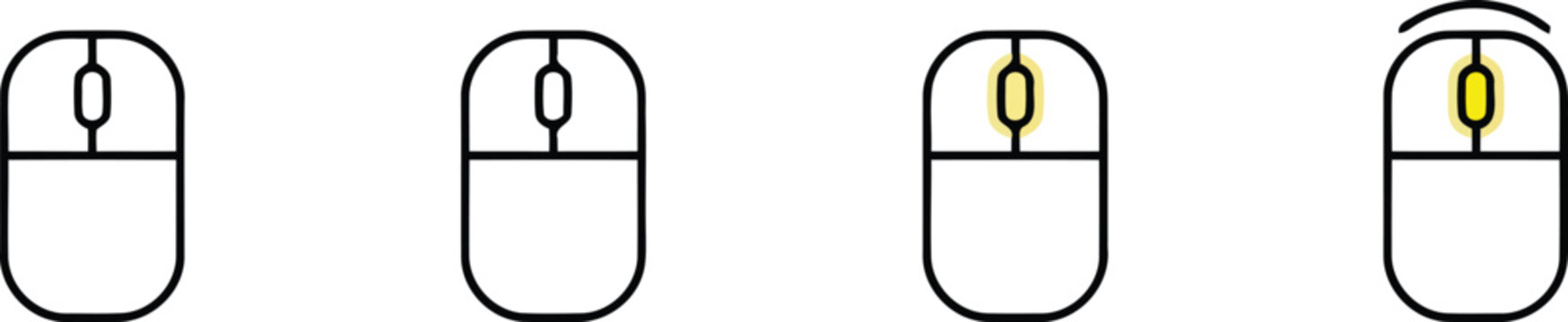 Four computer mouse showing different click states, including outline and highlighted scroll wheel, isolated on a white background