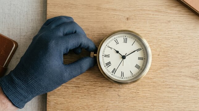 Hand in blue glove adjusting brass clock knob on wooden table representing precision time management and maintenance