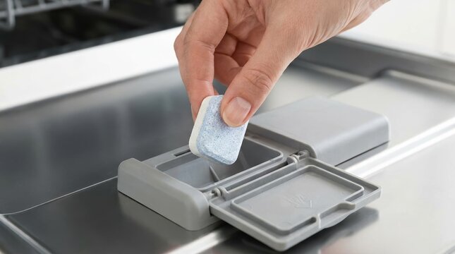 Hand placing dishwasher detergent tablet into machine dispenser for cleaning kitchenware and household maintenance