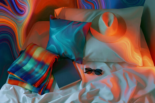 Summer Vacation Bed Still Life with Hat, Towel and Sunglasses