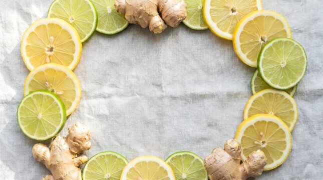 Lemon and Lime Slices with Ginger Root Circular Frame on Grey Linen Background for Health Wellness Content and Detox Recipe Mockup