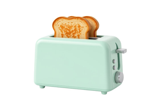 A pastel green two-slice toaster with a lever, buttons, and dial, toasting two slices of bread.