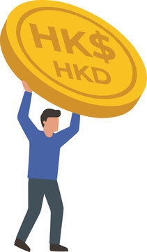 Man lifting large Hong Kong Dollar coin. Man lifting a large gold HKD coin for financial concepts