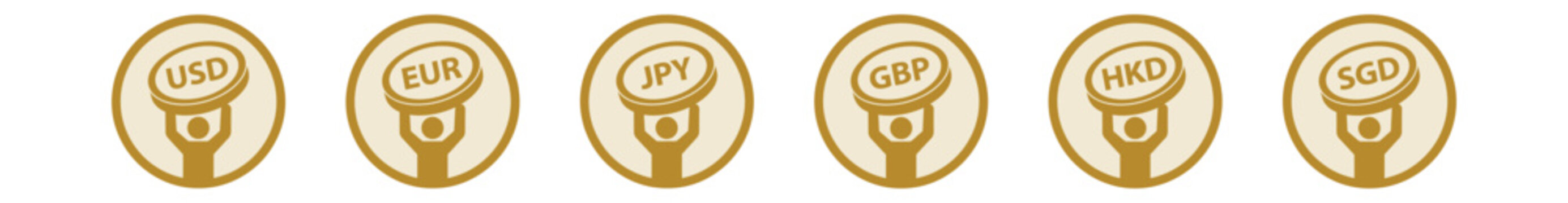 Currency icons with hands holding coins. Set of currency icons for financial and banking applications