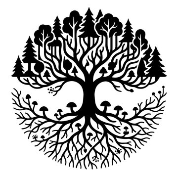 Stylized Tree of Life with Forest and Roots.