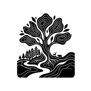 Stylized Tree of Life with Forest and Wildlife Scene.