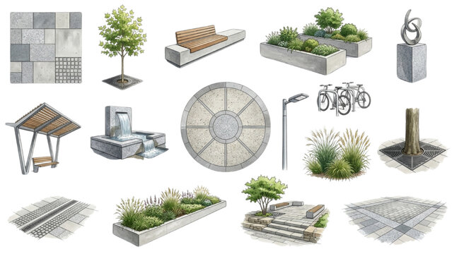 Hand Drawn Watercolor Landscape Architecture Elements Vector Set for Urban Design