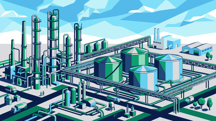 Fototapeta premium Isometric Oil Refinery and Chemical Plant Vector Illustration in Low Poly Flat Design Style with Storage Tanks