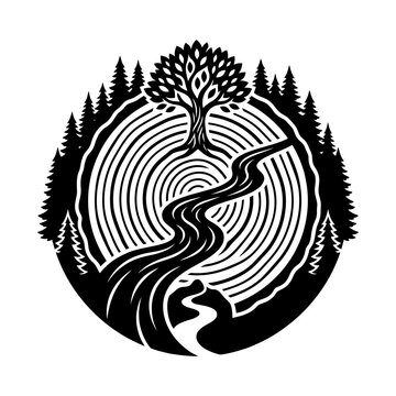 Stylized Tree of Life with River and Forest Emblem.