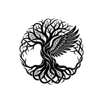 Stylized Tree of Life with Wings Symbol.