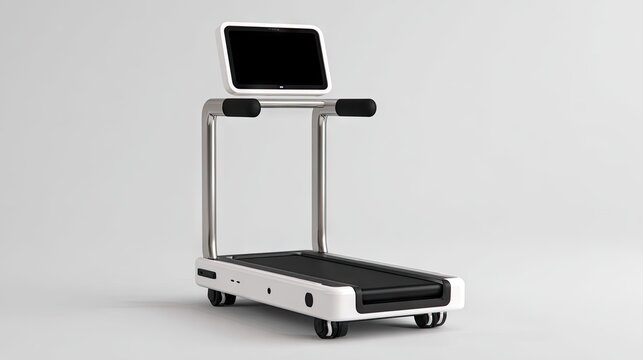 Modern white foldable treadmill with digital screen display.