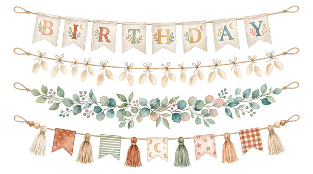 Watercolor birthday garlands and bunting banners set with boho pampas grass eucalyptus leaves and tassels