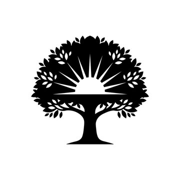 Stylized Tree Silhouette with Sunburst Rising Behind It.