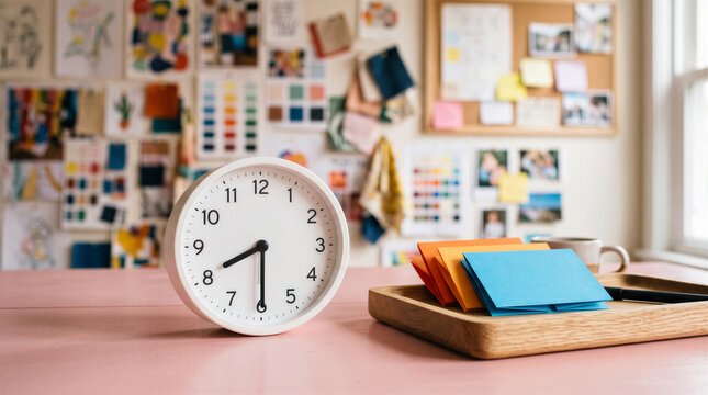 Modern desk clock showing half past eight on a pink table with a wooden tray of colorful note cards and a blurred creative office background