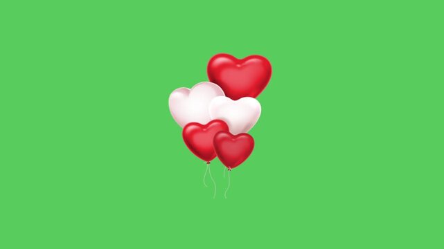 Realistic heart-shaped red alloons float against a green background.