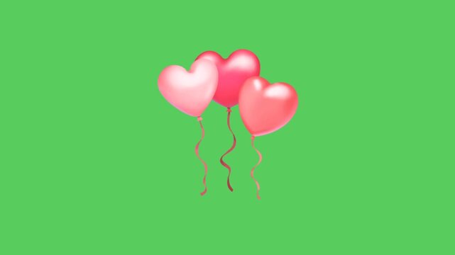 Realistic heart-shaped pink balloons float against a green background.