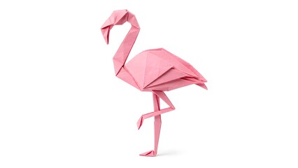 Origami Flamingo Balancing on One Leg in Soft Pink Paper Isolated on White Background