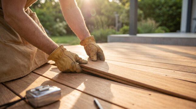 Closeup of a carpenter installing wooden deck boards outdoors in the warm sunlight, wearing protective leather work gloves