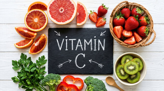 Top view of fresh fruits and vegetables rich in vitamin c arranged around a black slate board with the text vitamin c written on it