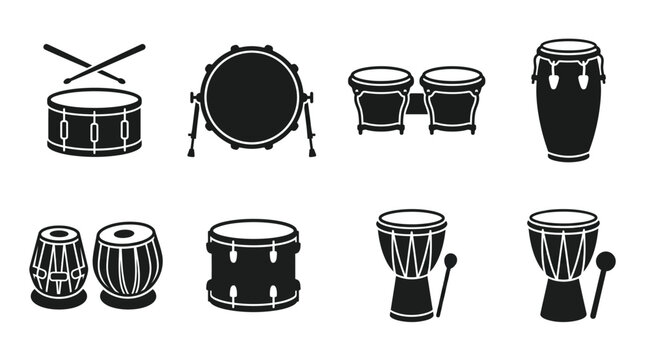 Minimalist vector percussion instruments icons set featuring snare, bass drum, bongos, conga, tabla, side drum, djembe, rhythm, music, culture, traditional, global diversity