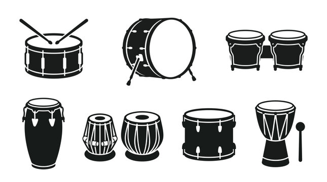 Minimalist vector percussion instruments icons set featuring snare, bass drum, bongos, conga, tabla, side drum, djembe, rhythm, music, culture, traditional, global diversity