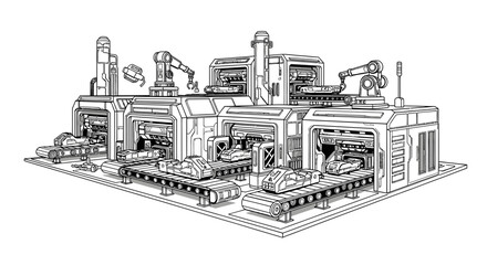 Obraz premium Futuristic Automated Factory Assembly Line Sketch