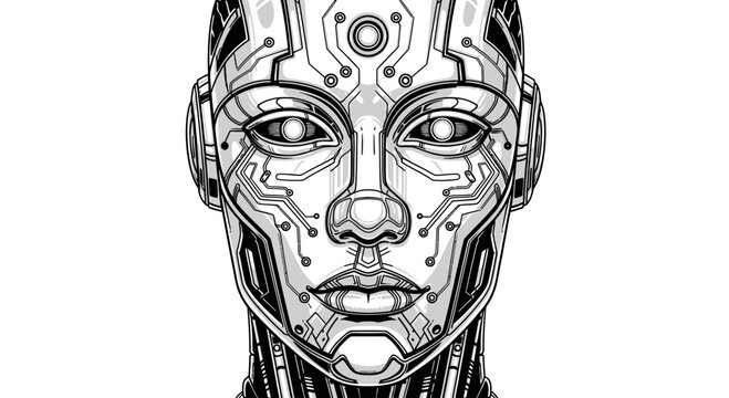 Futuristic Cyborg Face Line Art Illustration