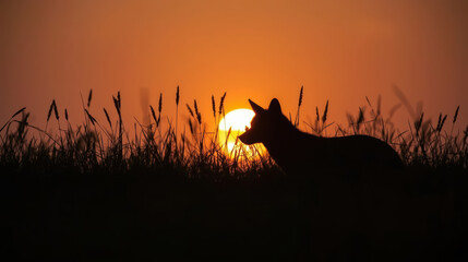 Naklejka premium Silhouette fox at sunset in tall grass with warm orange sky