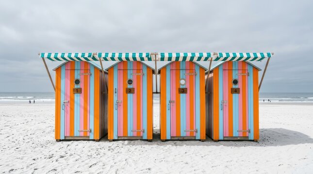 Four colorful striped beach huts with numbered doors standing on a white sandy beach under a cloudy sky with a striped awning overhead