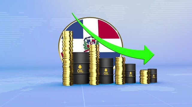 Dominican Republic Oil Prices Decline with Oil Barrels, Gold Coins and Downward Green Arrow, 3D Economic and Financial Market Concept