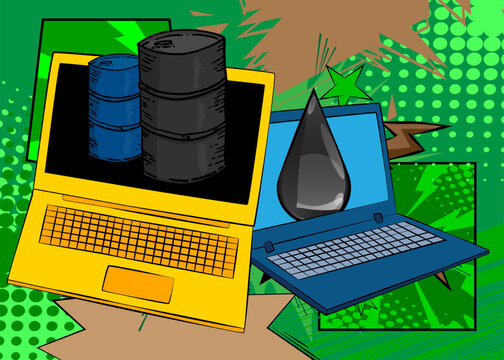 Cartoon Laptop, comic book Notebook with Oil Barrel and Oil Drop. Retro vector comics pop art design.